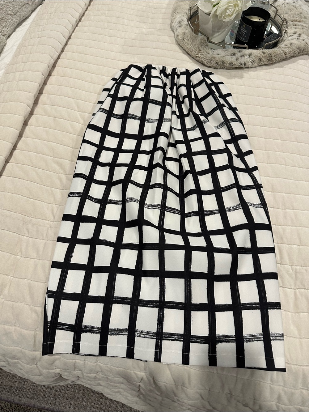 Zara Black and White Grid-Print Midi Skirt